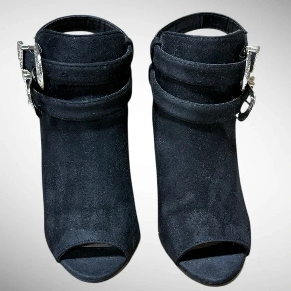 Black Faux Suede Peep Toe Block Heel Boots with buckle detailing Size 6 - Picture 11 of 15